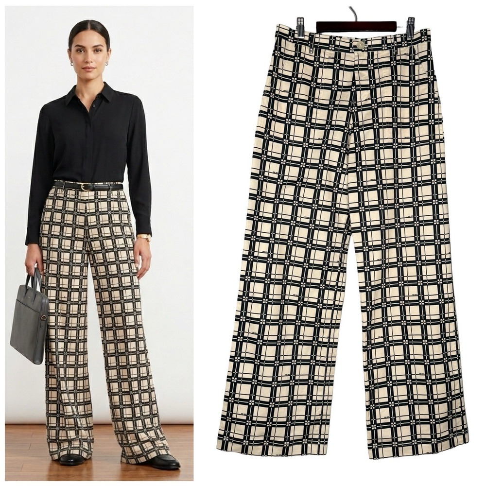 The Kit Wide Leg Trouser Pants Size 8 Windowpane Check Geometric Career Office